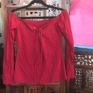 Long sleeve off the shoulder laced tie front top